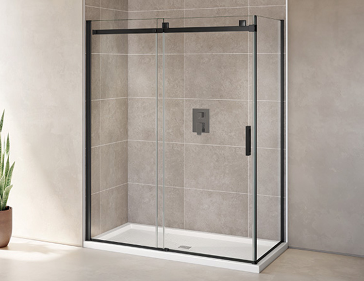 skyline 2 sided inline sliding door and fixed panel with return panel, in matte black